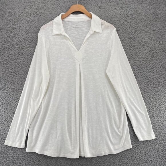 J Jill Top Womens Large White Slub Knit Pima Center Pleat Tunic Collar Pullover - Picture 1 of 10